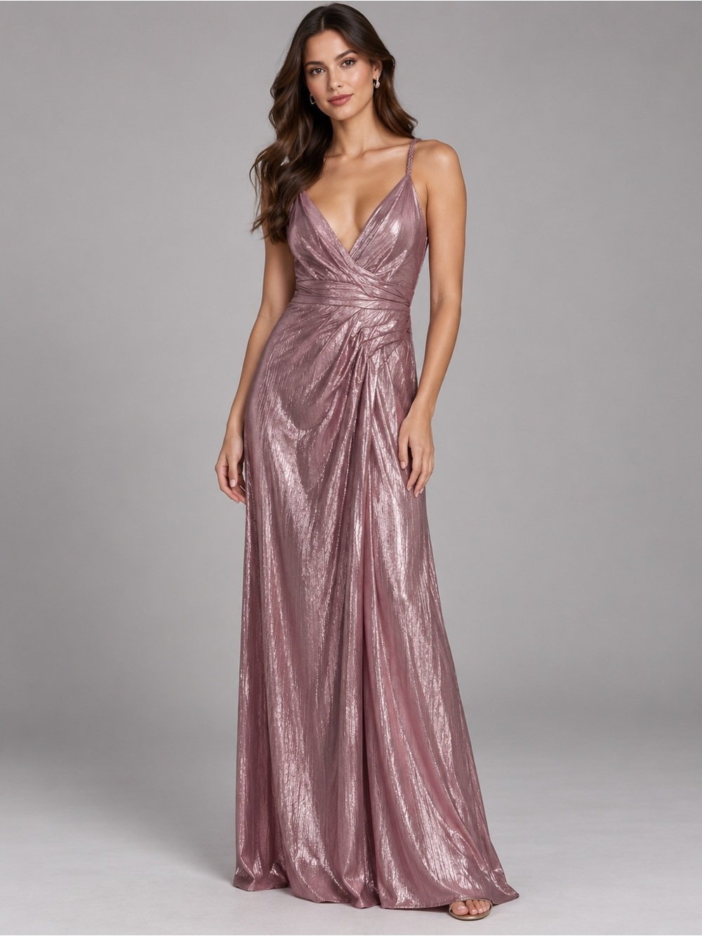 Retrofete Metallic Rose-Pink Draped Maxi Gown